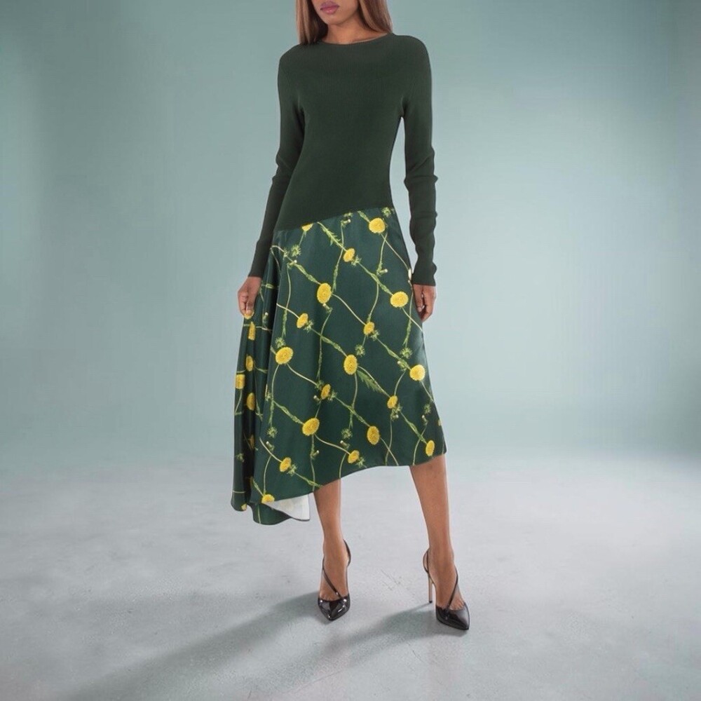 Burberry Green Dandelion Asymmetric Midi Skirt Long Sleeve Dress US Women’s Sz 2